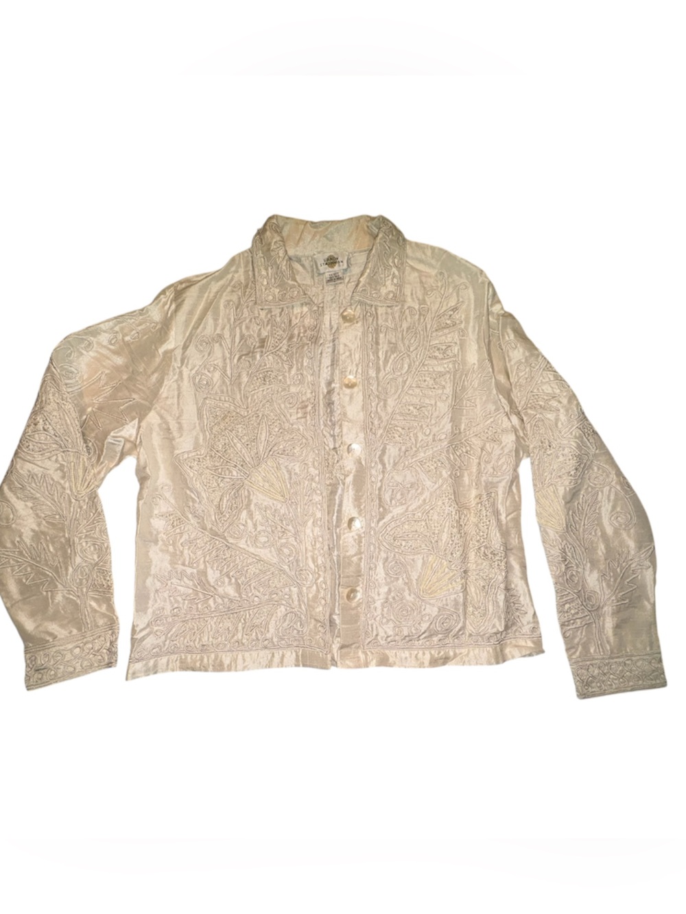 Sandy Starkman Jacket L
Cream Vintage Silk
Embroidered Beaded Boho Art to Wear